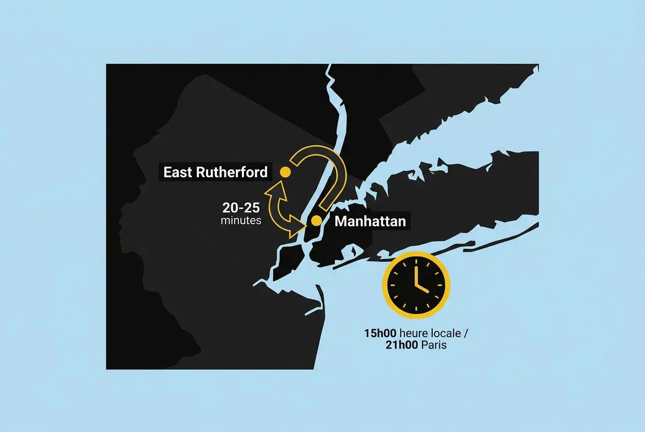 Cartographie du trajet final de la finale coupe du monde 2026 lieu et temps: itinéraire entre East Rutherford et Manhattan, horloge indiquant 15h00 locale / 21h00 Paris.