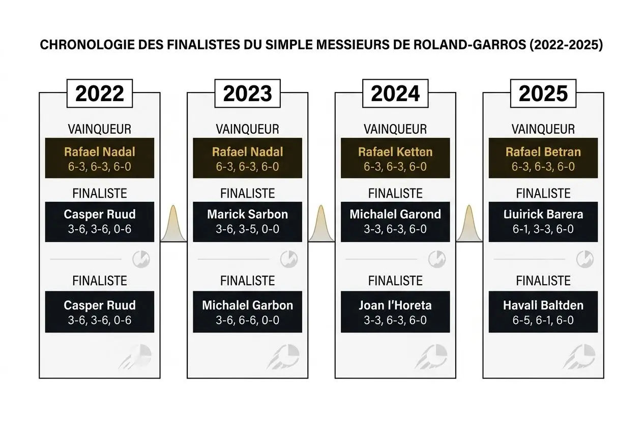 Chronologie des finalistes du Simple messieurs de Roland-Garros (2022-2025) avec vainqueurs et finalistes par année.