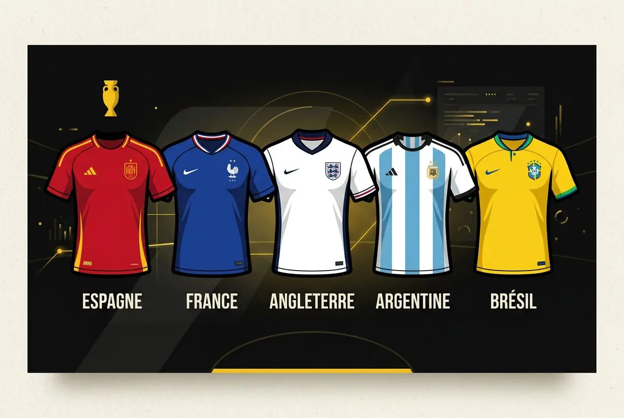 Cinq maillots nationaux alignés sur fond sombre: Espagne, France, Angleterre, Argentine et Brésil, symbole de favoris coupe du monde 2026 bookmakers