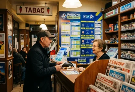 Client au comptoir d’un tabac-tabac, scène de paris sportifs FDJ et affiches de cotes.