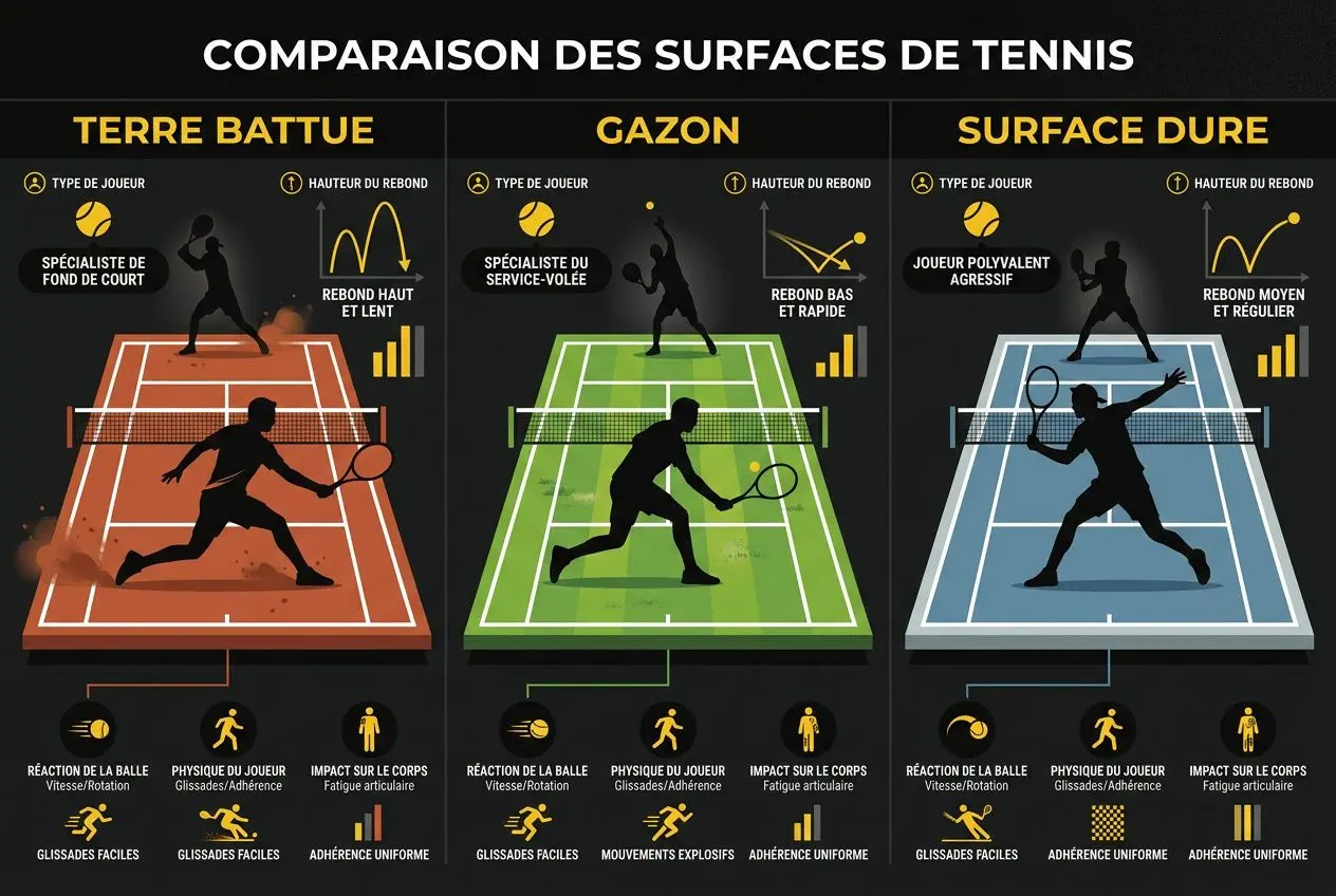 Comparaison des surfaces de tennis avec Terra Battue, Gazon et Surface Dure, dépeignant joueurs et caractéristiques des terrains. pronostic tennis betclic intégré naturellement.