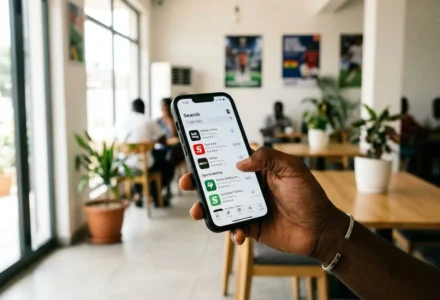 Description: Utilisateur tenant un iPhone affichant une liste d’applications, en intérieur lumineux avec plantes et tables en arrière-plan. Inclure le mot-clé naturellement: "comment installer betclic sur iphone en côte d ivoire".