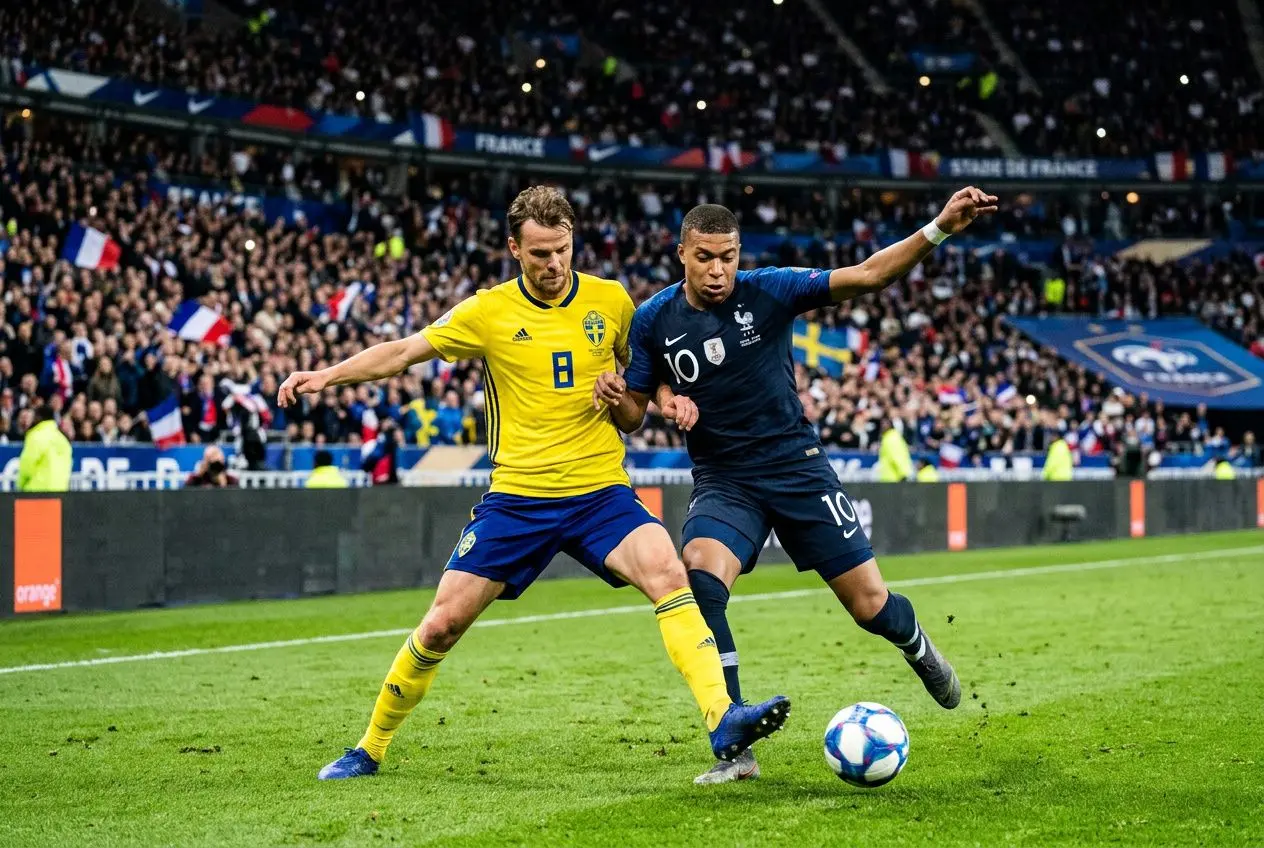 Deux joueurs en duel pour le ballon lors d’un match France-Suède, sous les tribunes pleines et drapeaux visibles. france suede foot