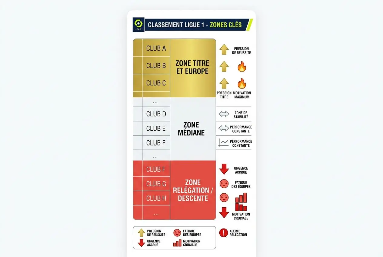 Diagramme de classement Ligue 1 – zones clés et flèches d’indicateurs, avec zones médiane et relégation/descente en rouge. Inclut légende et codes couleur. pronostic ligue 1 aujourd'hui intégré naturellement.