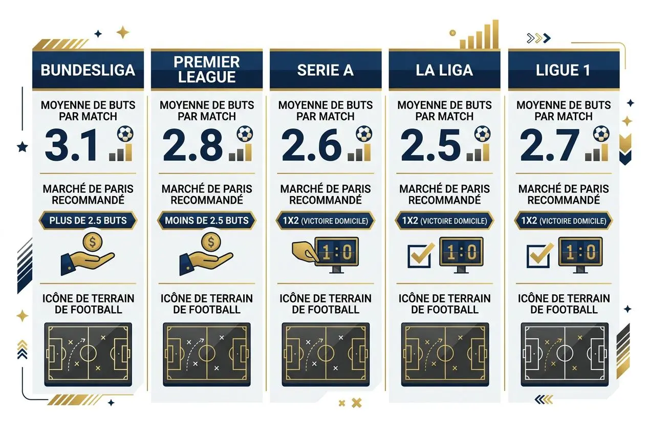 Diagramme comparant les moyennes de buts par match et les icônes de terrain de football pour Bundesliga, Premier League, Serie A, La Liga et Ligue 1. Meilleur site de pronostic football fiable est suggéré.