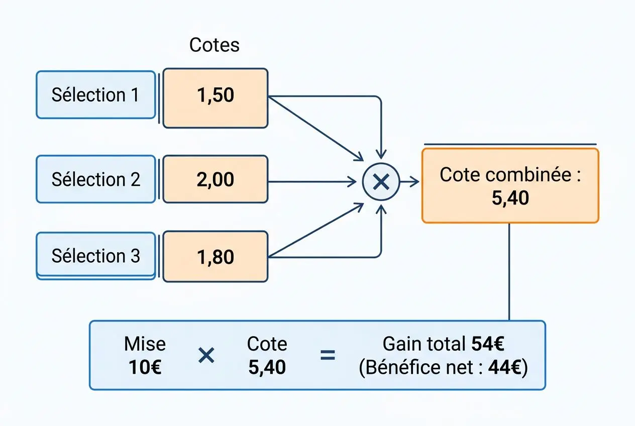 Diagramme de cotes sportives montrant des sélections avec cotes individuelles (1,50; 2,00; 1,80) menant à une cote combinée de 5,40, calculant un gain total et bénéfice net à partir d’une mise de 10 €. Intègre le concept: comment comprendre les cotes des paris.