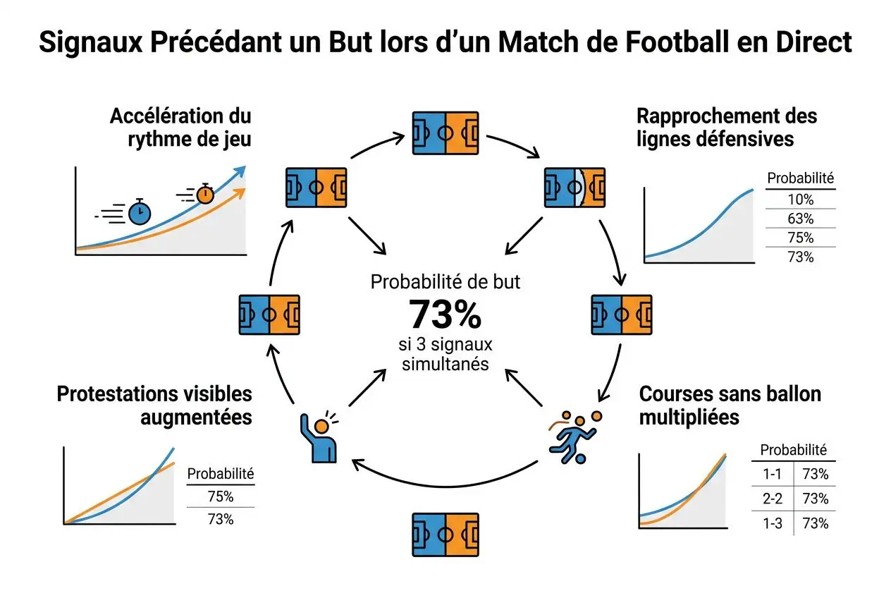 Diagramme expliquant les « stratégies paris live en direct » autour d’un match de football, avec icônes et flèches indiquant les signaux précédant un but et les actions en live.