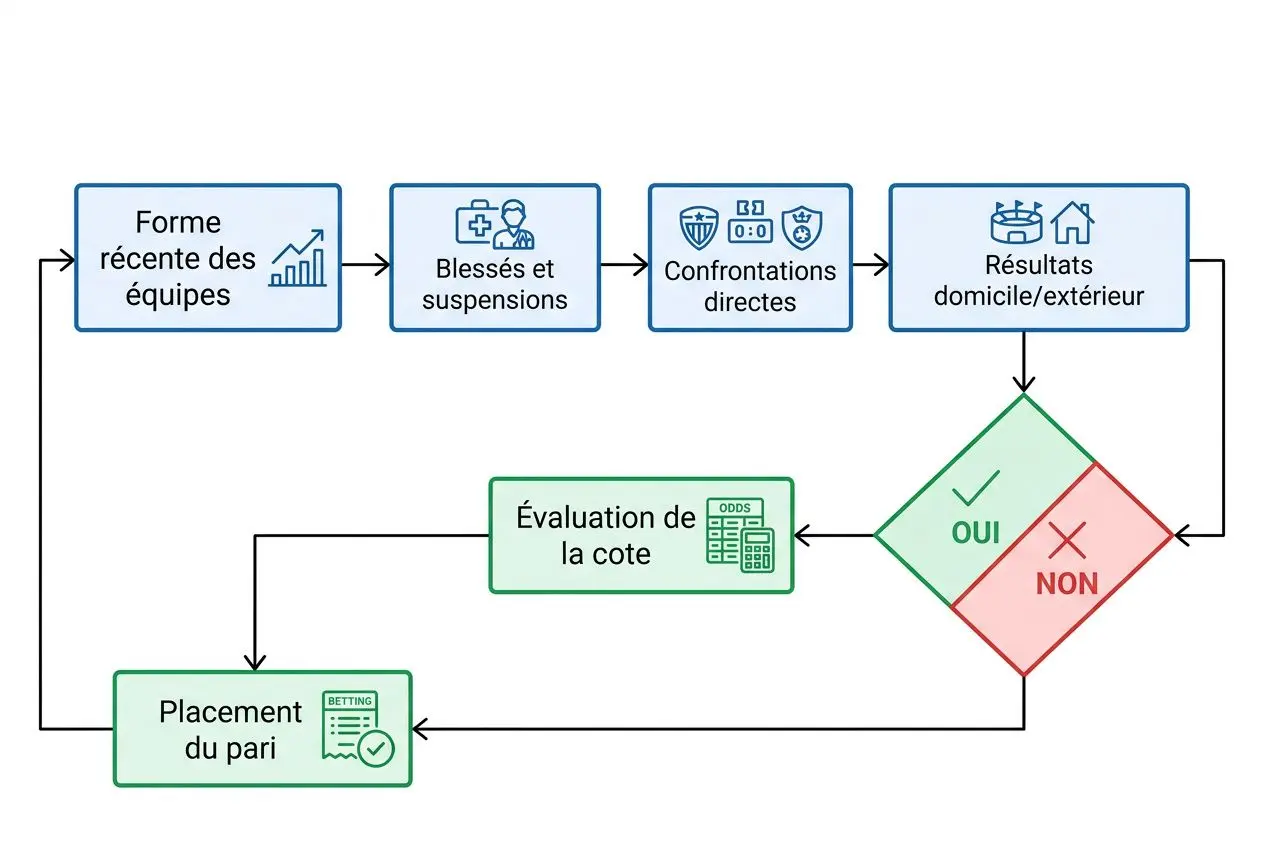 Diagramme de flux décrivant le processus: forme récente des équipes → blessures/suspensions → confrontations directes → résultats domicile/extérieur → évaluation de la cote → oui/non → placement du pari. Inclut le mot-clé: quand placer ses paris sportifs.