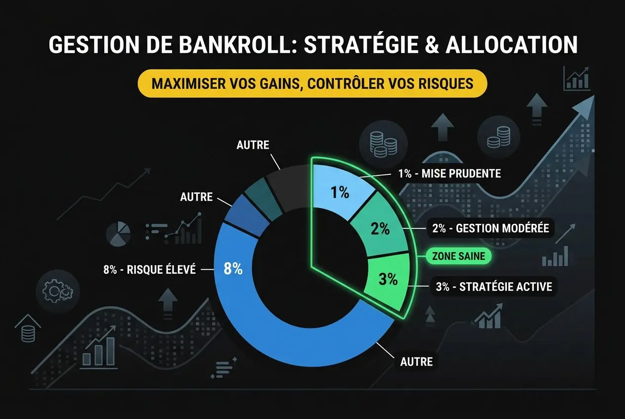 Diagramme de gestion de bankroll montrant stratégies et allocation des gains avec segments 1%, 2%, 3% et zones actives, pour maximiser les gains et contrôler les risques. intégrer le mot-clé: comment gagner au pari sportif sans perdre.