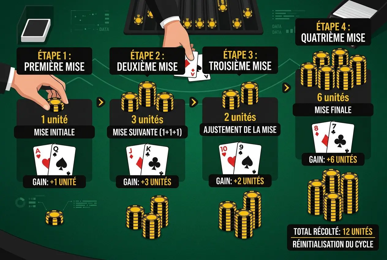 Diagramme illustrant la méthode 1-3-2-6 au blackjack: étapes, mises et gains, avec 12 unités finales et réinitialisation du cycle, explicite. Qu'est-ce que la méthode 1 3 2 6 intégrée naturellement.
