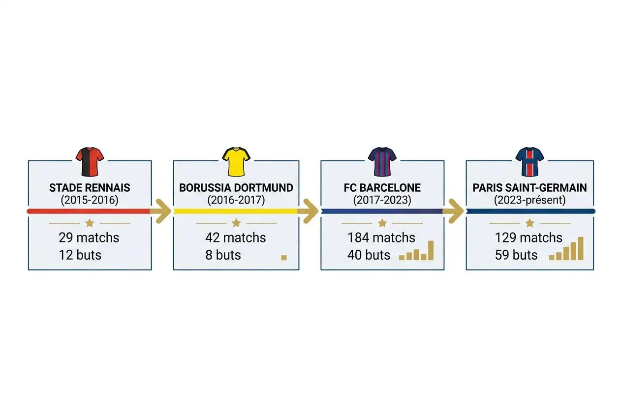 Diagramme de parcours de carrière d'Ousmane Dembélé: de Rennes, Dortmund, Barcelone à Paris Saint-Germain, avec matchs et buts par club. Ousmane dembélé statistiques cette saison intégrée.