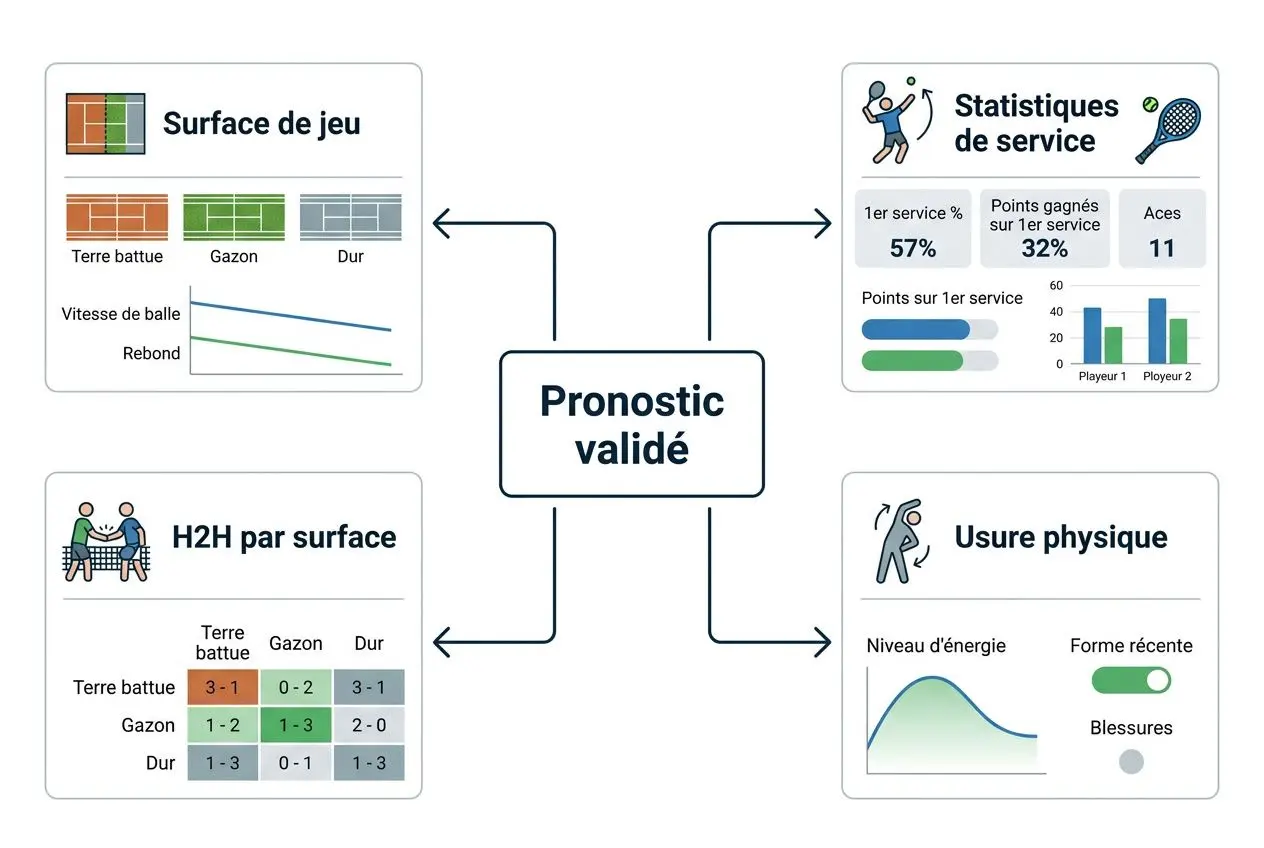 Diagramme “Pronostic validé” montrant quatre éléments: Surface de jeu, Statistiques de service, H2H par surface et Usure physique, reliés à un centrale. Mots-clés: site de pronostics tennis fiable.