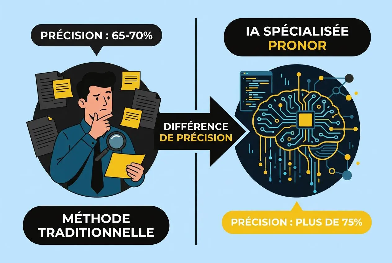 Différence de précision entre méthode traditionnelle et IA spécialisée pronor, montrant une précision >75% en pronostics sportifs.