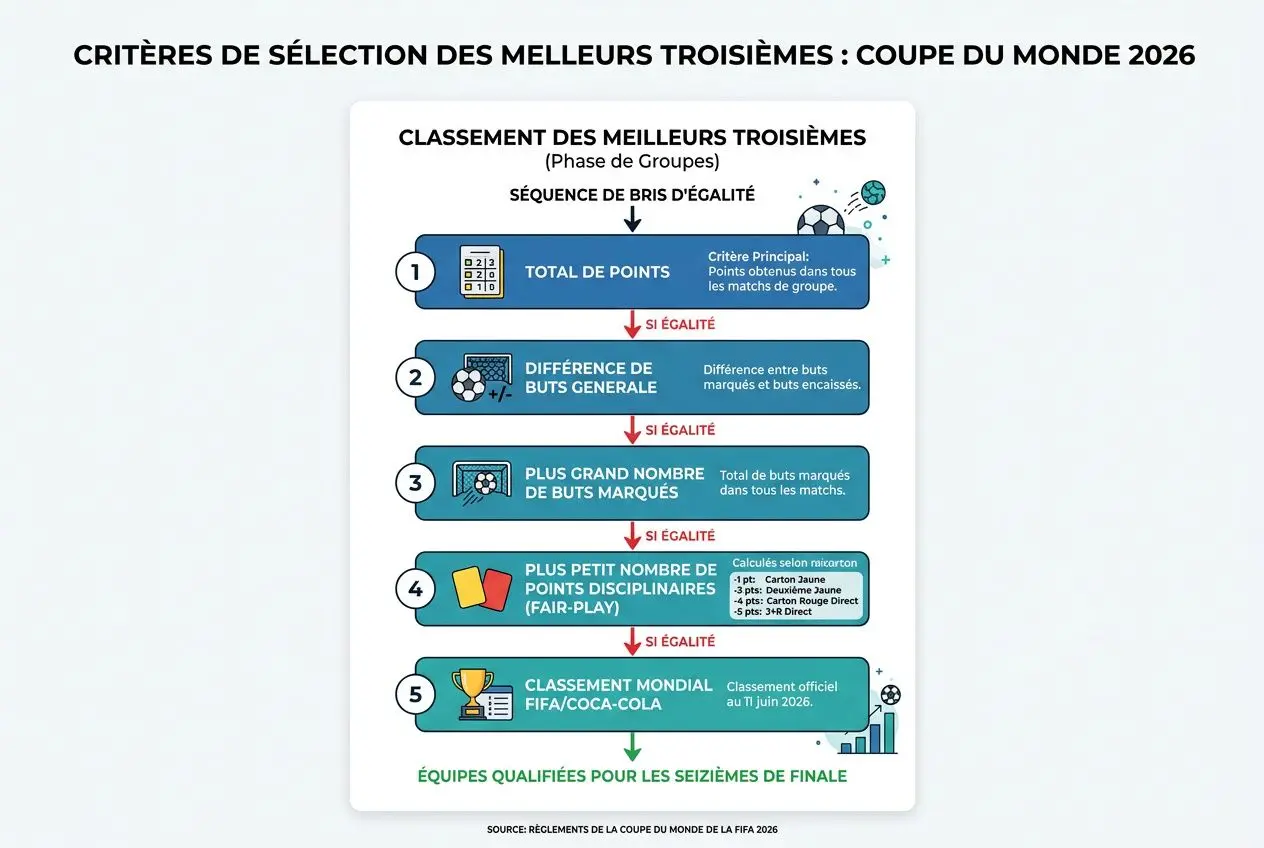 Équipe qualifiée pour les 16es de finale : graphique expliquant les critères de sélection des meilleurs troisièmes en Coupe du Monde 2026.
