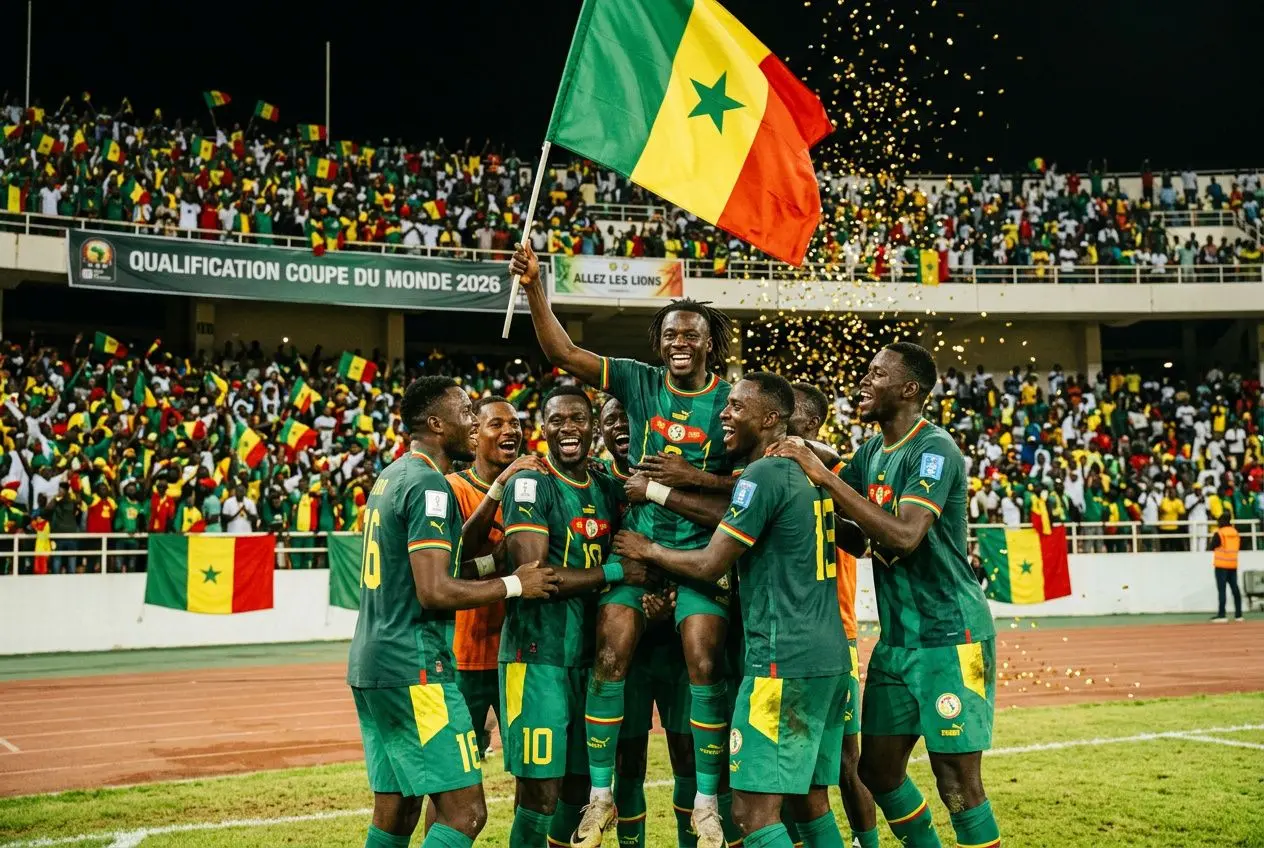 Equipes africaines célébrant leur qualification avec le drapeau du Sénégal, stade et confettis en arrière-plan. Quels sont les 9 pays africains qualifiés pour la coupe du monde 2026.
