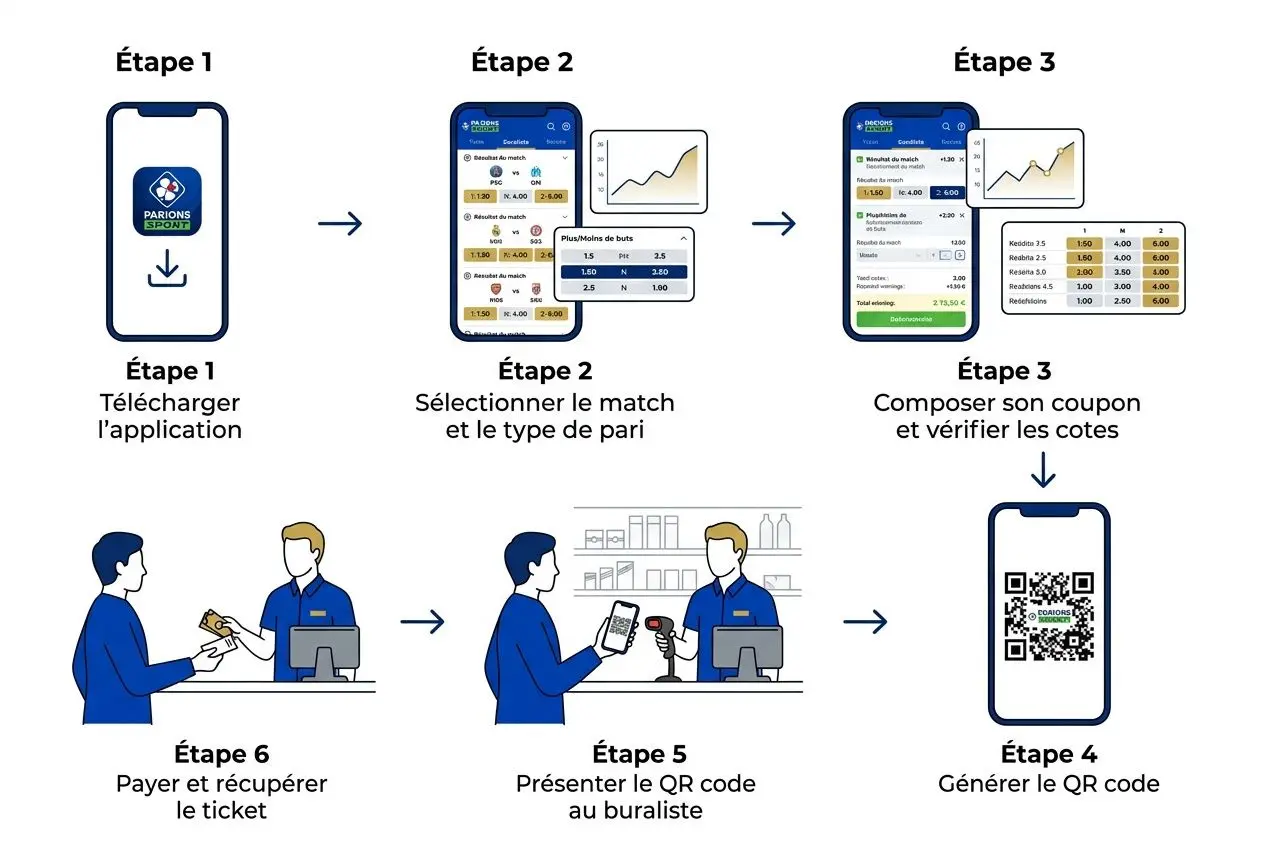 Étapes illustrées pour faire des paris sportif au tabac : téléchargement, sélection du match, composition du coupon et génération du QR code avec Parions Sport FDJ. keyword intégré.