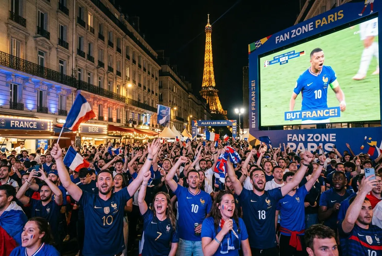 Fans réunis à Paris pour la coupe du monde 2026 devant un écran géant, ambiance festive et drapeaux bleus, blancs et rouges. fan zone paris coupe du monde 2026.