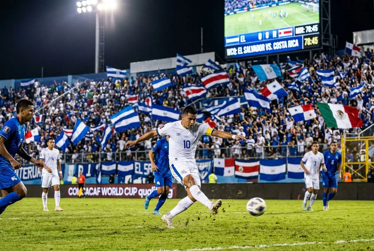 Footballeur en blanc frappe le ballon devant tribunes fleuries de drapeaux bleu et blanc, supporters enthousiastes. é à? éliminatoire coupe du monde 2026 zone amérique du nord classement
