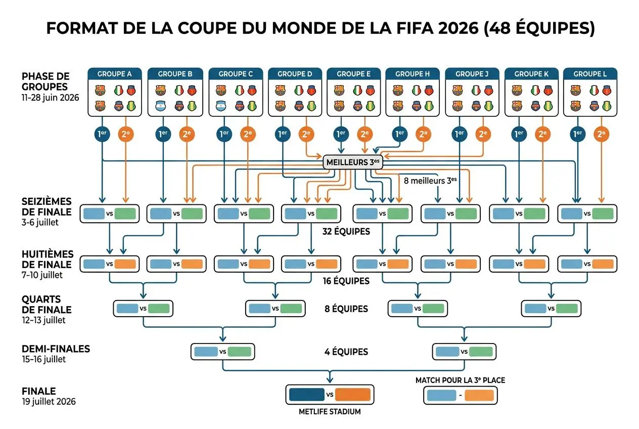 Format de la Coupe du Monde 2026: affichage des groupes et chemin vers les finales, avec icônes et cotes. Inclut les phases: phases de groupes, seizièmes, huitièmes, quarts, demi-finales et finale au stade MetLife. pronostic coupe du monde 2026 vainqueur intégré de manière naturelle.