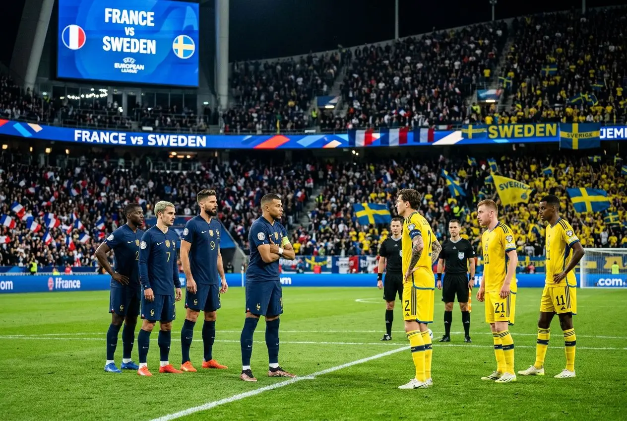France vs Suède avant-match : les joueurs alignés au coup d’envoi sous les lights du stade, drapeaux bleu-blanc-rouge et jaune suédois en tribunes. pronostic france suède in article.