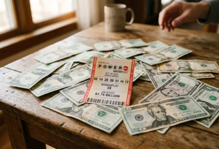 Gain loto record : billet Powerball entouré de billets de dollar sur une table en bois, évoquant les gains historiques.