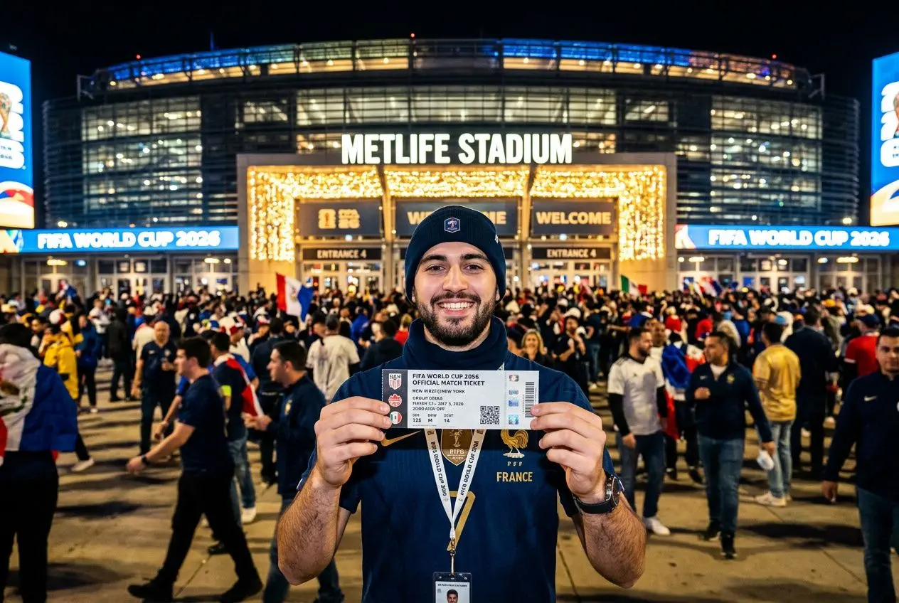 Gentil homme souriant devant le MetLife Stadium tenant des billets FIFA World Cup 2026, foule derrière lui et entrée officielle en lumière. Intégration du mot-clé: comment acheter un billet coupe du monde 2026.