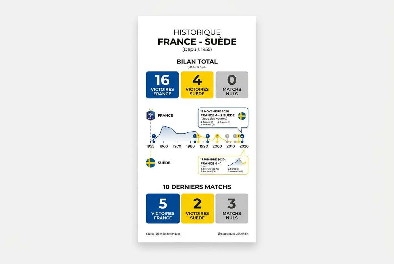 Historique France : Suède : bilan total et derniers matchs, graphique comparant victoires et matches nuls. Pronostic France suède et tendances avant Coupe du Monde 2026.