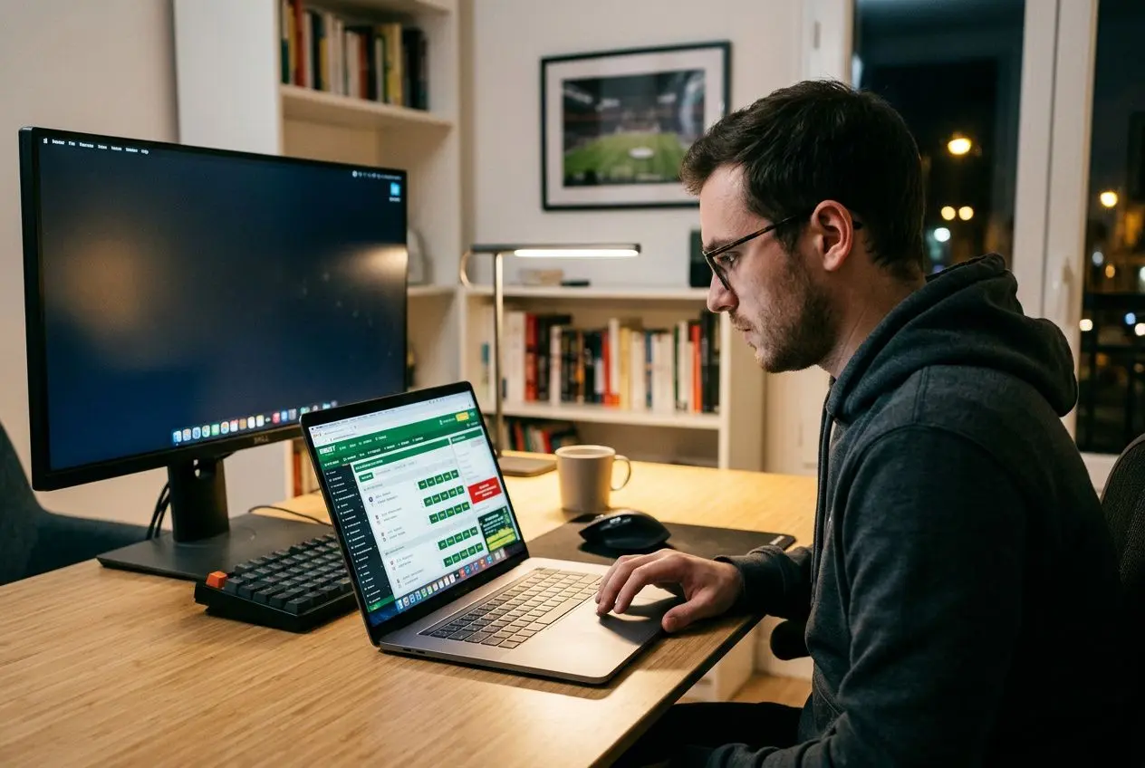 Homme assis à un bureau, utilise un ordinateur portable avec une page de paris sportifs ouverte, écran secondaire vide derrière.