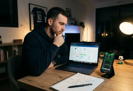 Homme concentré devant son ordinateur portable et son smartphone, en train d’analyser les cotes, avec un carnet et un stylo sur le bureau. Integrates naturalement: quand placer ses paris sportifs.