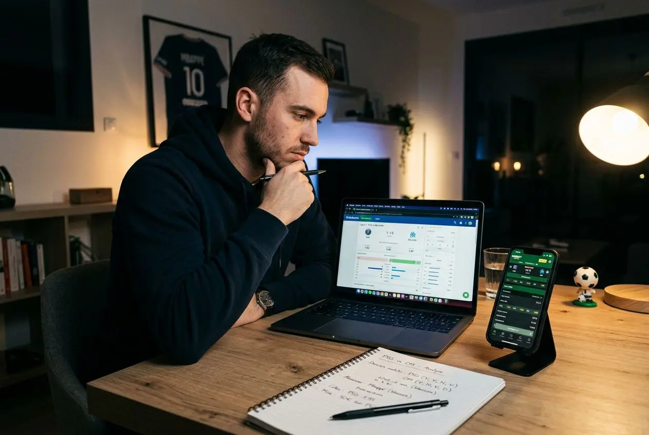 Homme concentré devant son ordinateur portable et son smartphone, en train d’analyser les cotes, avec un carnet et un stylo sur le bureau. Integrates naturalement: quand placer ses paris sportifs.