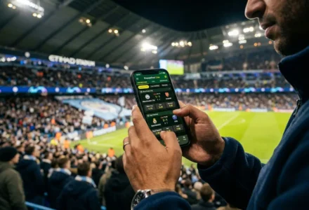 Un homme consulte une interface d’application de paris sportifs sur son smartphone lors d’un match dans un stade bondé. Meilleure application de pronostic sportif.