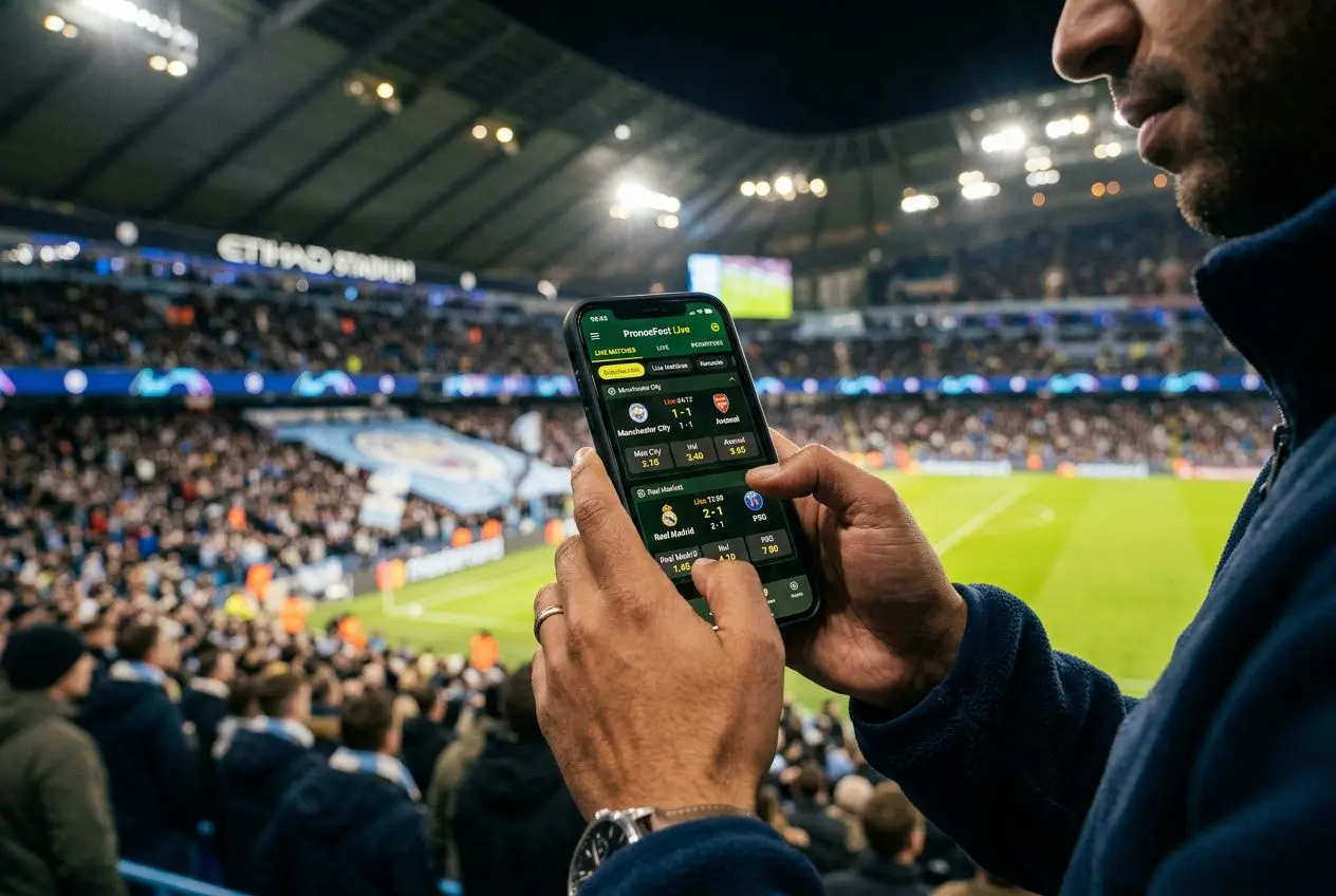 Un homme consulte une interface d’application de paris sportifs sur son smartphone lors d’un match dans un stade bondé. Meilleure application de pronostic sportif.