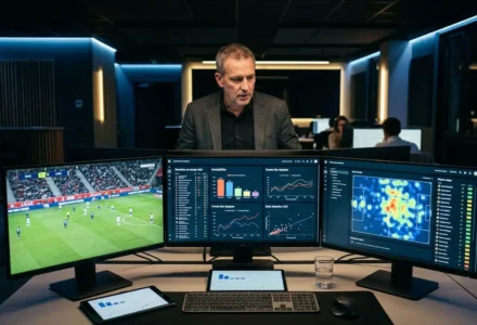Homme devant plusieurs écrans affichant des données et analyses, image d’un centre de pronosticfoot avec intelligence artificielle et visualisation de statistiques. meilleur ia pronostic foot aujourd hui