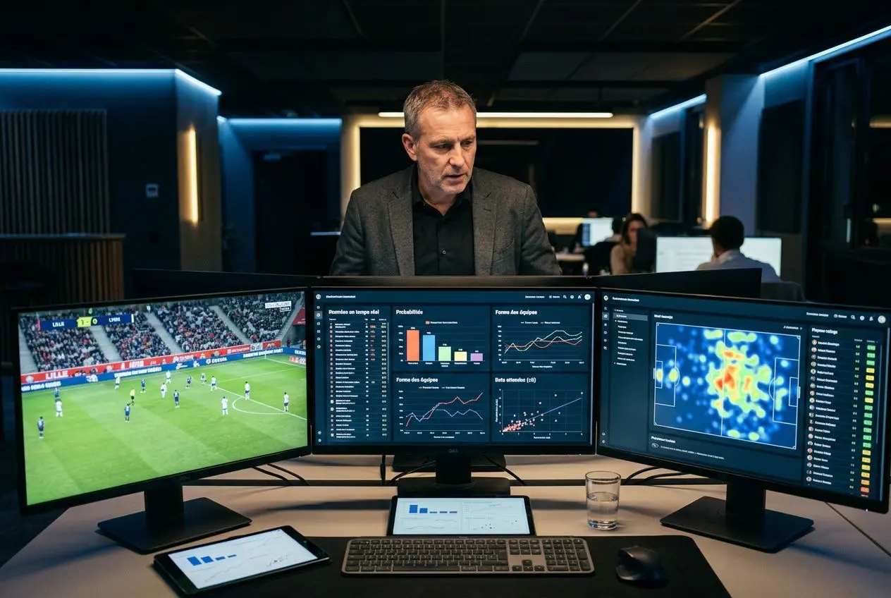 Homme devant plusieurs écrans affichant des données et analyses, image d’un centre de pronosticfoot avec intelligence artificielle et visualisation de statistiques. meilleur ia pronostic foot aujourd hui