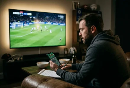 Homme devant une télévision montrant un match, tenant un smartphone et prenant des notes dans un carnet, ambiance de live betting en direct. Stratégies paris live en direct évoquée.