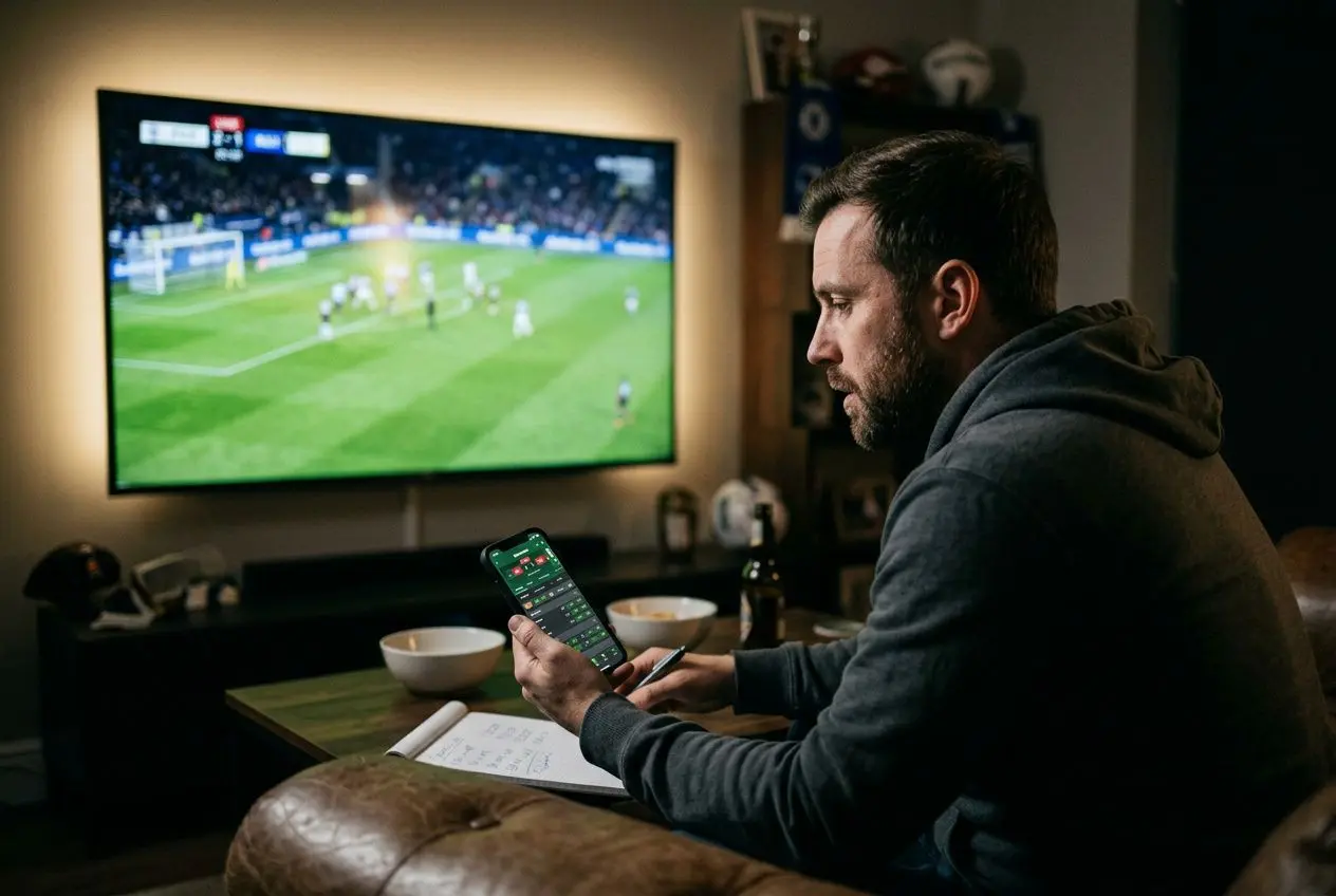 Homme devant une télévision montrant un match, tenant un smartphone et prenant des notes dans un carnet, ambiance de live betting en direct. Stratégies paris live en direct évoquée.