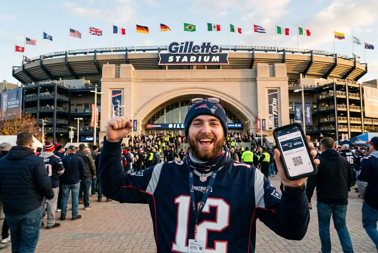 Homme heureux devant le Gillette Stadium, tenant un QR code sur téléphone, foule et drapeaux autour. Billets pour la coupe du monde 2026.