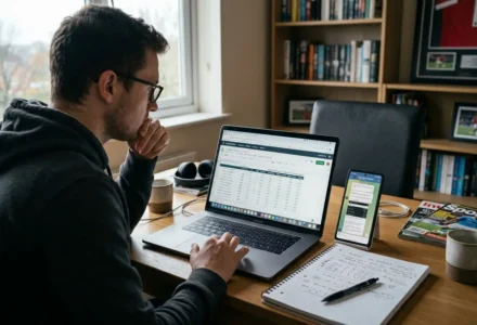 Homme utilisant un ordinateur portable et un smartphone, analysant des pronostics sportifs à domicile. tipster fiable telegram évoqué implicitement dans le contexte.