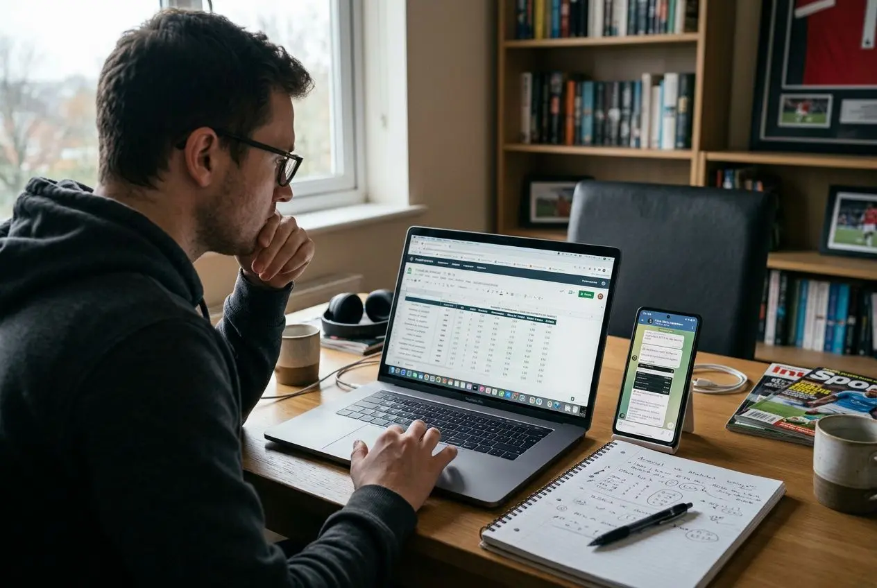 Homme utilisant un ordinateur portable et un smartphone, analysant des pronostics sportifs à domicile. tipster fiable telegram évoqué implicitement dans le contexte.