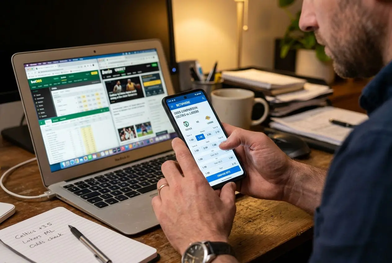 Homme utilisant un smartphone pour consulter des informations de paris sportifs, devant son ordinateur portable et des notes sur le bureau. Comme sujet principal, le texte propose la phrase: commentaire sur comment gagner au pari sportif sans perdre.
