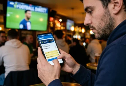 Homme utilisant un smartphone pour consulter l’interface de betclic application mobile dans un bar, avec des paris sportifs affichés.