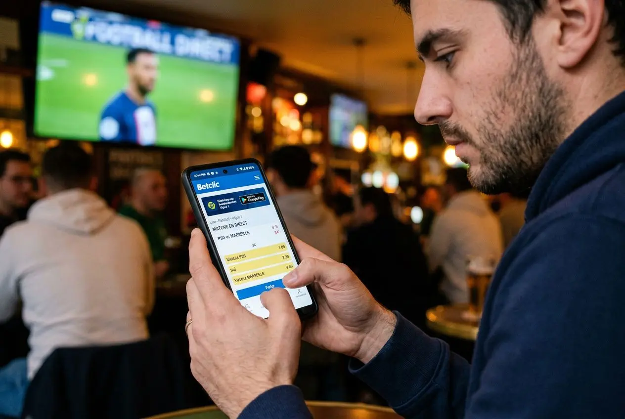 Homme utilisant un smartphone pour consulter l’interface de betclic application mobile dans un bar, avec des paris sportifs affichés.