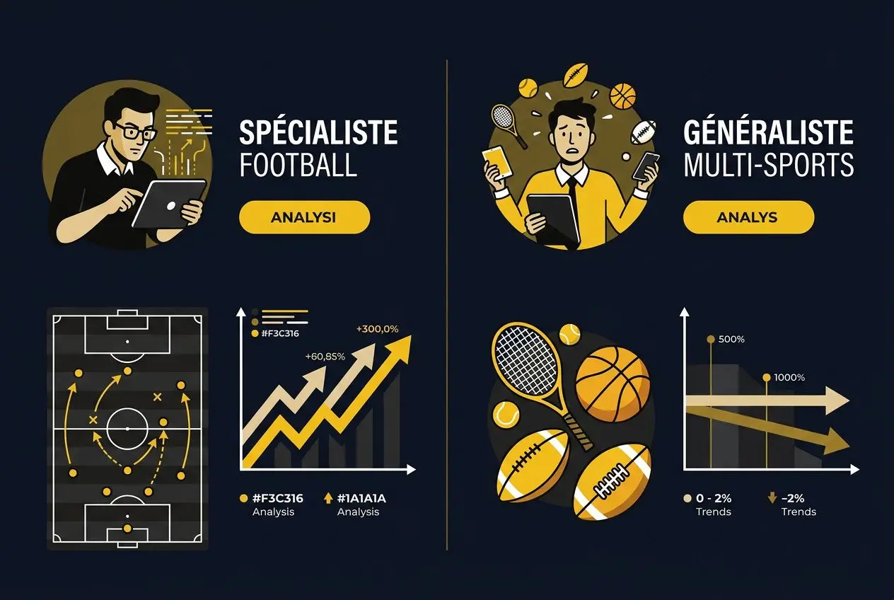 Illustration comparant un spécialiste football et un généraliste multi-sports avec analyses et graphiques sportifs, pour guider comment choisir bon pronostiqueur.
