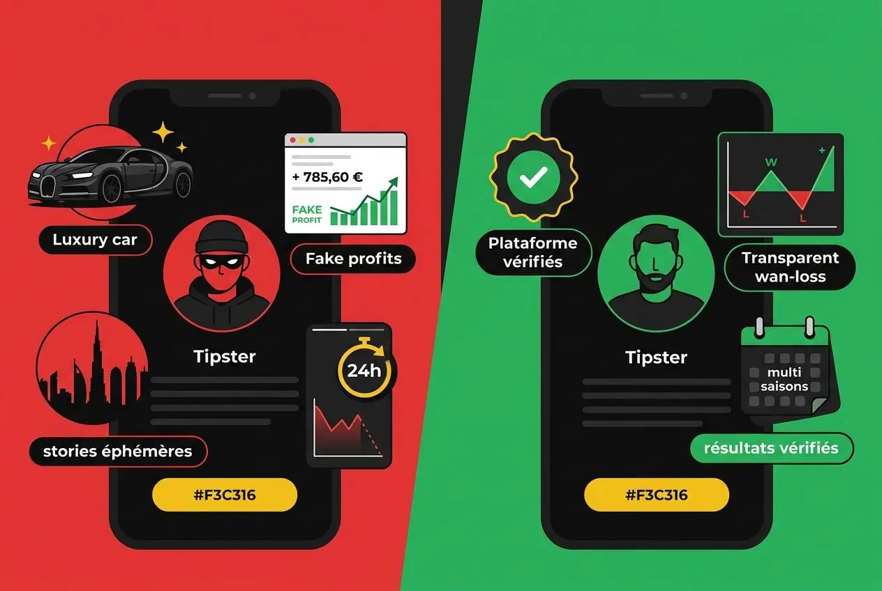Illustration d’un smartphone affichant deux sides: à gauche, éléments “Luxury car”, “Tipster”, “Fake profits” et “24h”; à droite, badges “Plateforme vérifiés”, “résultats vérifiés” et icônes de graphiques, sur fond rouge et vert. intégrant le sujet: comment choisir pronostiqueur fiable.
