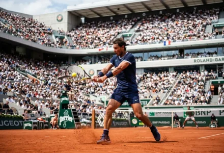 Joueur de tennis en action sur terre battue à Roland-Garros, prêt à frapper la balle devant le public.