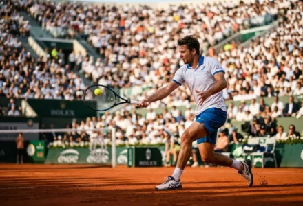 Joueur de tennis en action sur terre battue, prêt à frapper une volée lors d’un match animé. comment gagner pronostic tennis intégré naturellement.