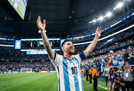 Lionel Messi célèbre sur le terrain avec les bras levés, portant le maillot rayé bleu et blanc, après le match face à l’Autriche. argentine autriche messi triplé