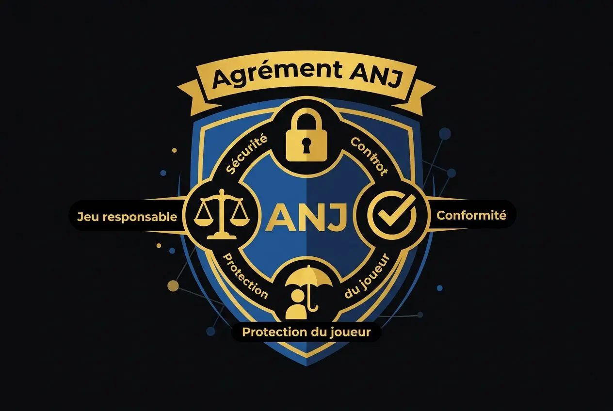 Logo de sécurité ANJ avec bouclier bleu et rubans, symbole de conformité et protection du joueur, titre Agrément ANJ. betclic c'est quoi ?