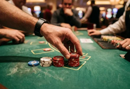 Main sujet: joueur plaçant des jetons sur une table de blackjack; surface verte, jetons rouges et bleus empilés; ambiance avec autres joueurs en arrière-plan. Intégration du mot-clé: qu'est-ce que la méthode 1 3 2 6 au cœur de la description naturelle.