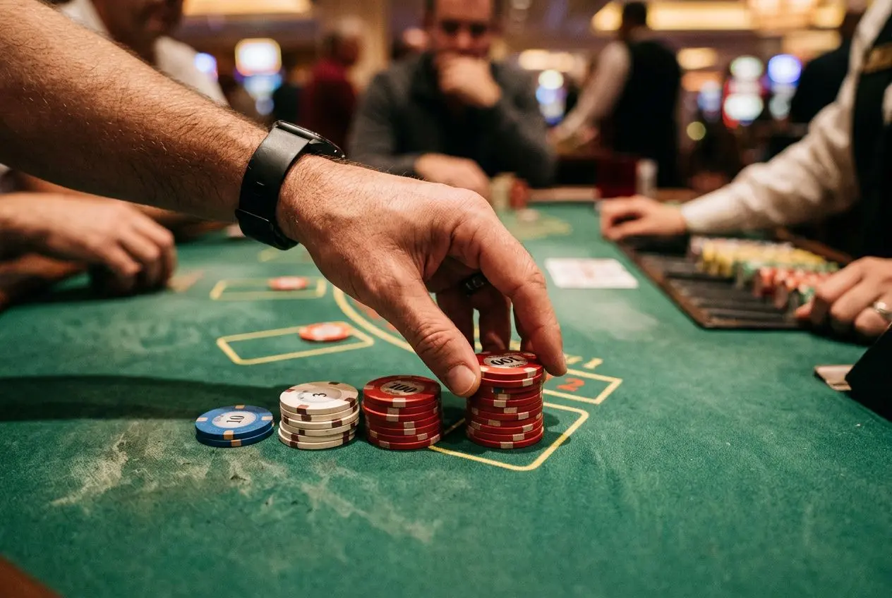 Main sujet: joueur plaçant des jetons sur une table de blackjack; surface verte, jetons rouges et bleus empilés; ambiance avec autres joueurs en arrière-plan. Intégration du mot-clé: qu'est-ce que la méthode 1 3 2 6 au cœur de la description naturelle.